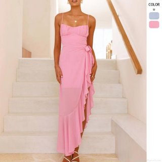 Women's Sexy Backless Polyester Camisole Dress With Asymmetric Ruffle Hem Solid Color Slim Fit Evening Party Summer Maxi Dress Elegant Gown