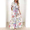 Italian Style Floral Print Maxi Dress For Women Retro Puff Sleeve Lapel Button Down Shirt Dress With Belt Holiday Beach Vacation Long Dress