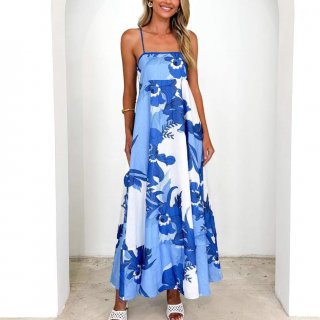 Women Sexy Backless Floral Print Orchid Camisole Maxi Dress Summer Vacation High Waist A-Line Polyester Long Sundress