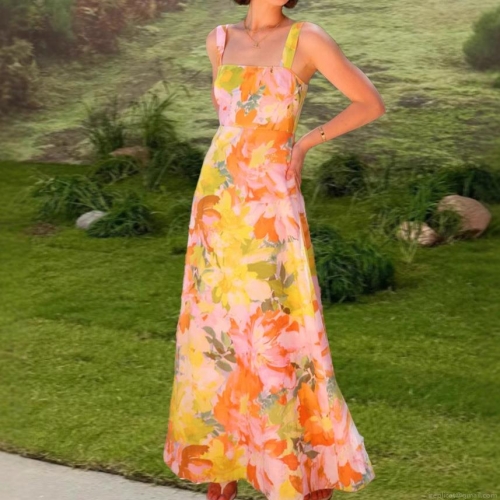 Women's Summer Floral Print Maxi Dress Square Neck Sleeveless Sling Backless Holiday A-Line Long Dress For Women Beach Party Sexy Streetwear