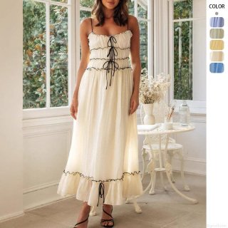 Women Sexy Backless Ruffle Hem Maxi Dress Solid Color Polyester Blend Halter Drawstring A-Line Long Dress For Summer Beach Vacation Party