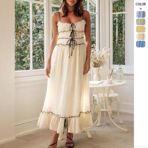 Women Sexy Backless Ruffle Hem Maxi Dress Solid Color Polyester Blend Halter Drawstring A-Line Long Dress For Summer Beach Vacation Party