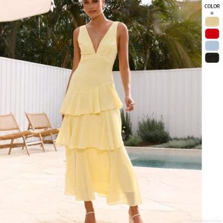 Women's Summer French Style V-Neck Sleeveless Tiered Cake Dress Sexy Backless Cross Tie Maxi Long Dress For Party Vacation Daily Resort Wear