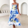 Women's Mediterranean Floral Print Maxi Dress Sleeveless Suspender Square Neck High Waist Tiered Summer Beach Resort Vacation Dress