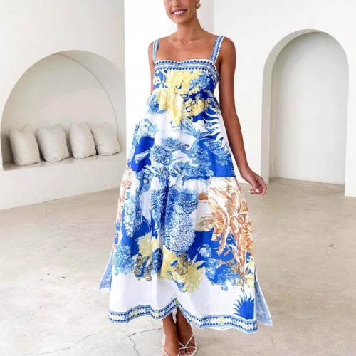 Women's Mediterranean Floral Print Maxi Dress Sleeveless Suspender Square Neck High Waist Tiered Summer Beach Resort Vacation Dress