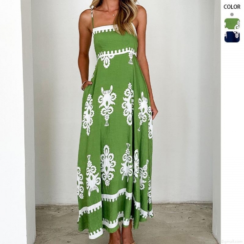 Women Summer Bohemian Ethnic Maxi Camisole Dress Sexy Backless High Waist Floral Printed A-Line Long Sundress With Pockets Polyester Casual Beach Vacation Outfit