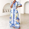 Women's Summer Maxi Dress Polyester Blend Baroque Print Lapel Collar With Belt Bohemian Vacation Style Long A-Line Dress For Women