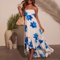 Bohemian Women's Halter Backless Maxi Dress Floral Print Sexy Ruffle Irregular Hem A-Line Summer Vacation Beach Sundress