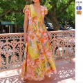 Women's Sexy Deep V Neck Floral Printed Maxi Dress Elegant Puff Sleeve Big Swing Summer Vacation Beach Long Dress Fashion Women Outfits