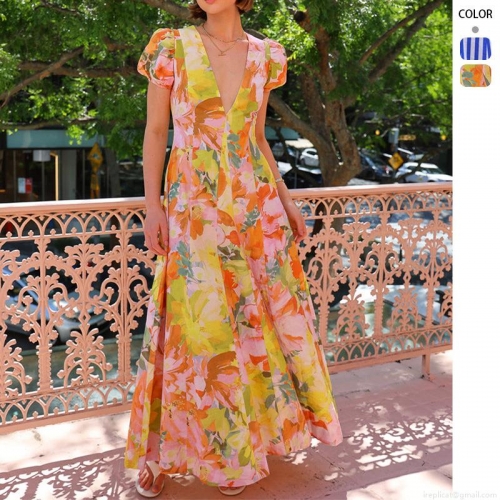 Women's Sexy Deep V Neck Floral Printed Maxi Dress Elegant Puff Sleeve Big Swing Summer Vacation Beach Long Dress Fashion Women Outfits