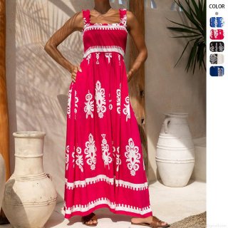 Women's Bohemian Floral Print Maxi Dress 95% Polyester Smocked Bodice Spaghetti Strap Summer Beach Vacation Ruffle Long Dress
