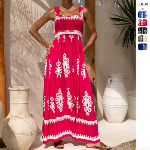 Women's Bohemian Floral Print Maxi Dress 95% Polyester Smocked Bodice Spaghetti Strap Summer Beach Vacation Ruffle Long Dress