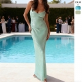 Women Sexy Spaghetti Strap Sequined Maxi Dress Backless V-Neck Slim Fit Evening Gown For Wedding Guest Prom Party Vacation Mint Green Silver Formal Dress
