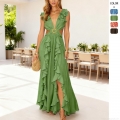 Sexy Deep V Neck Cutout Maxi Dress Elegant Ruffle Sleeveless Backless Long Dress Bohemian Paisley Print Beach Vacation Dress For Women