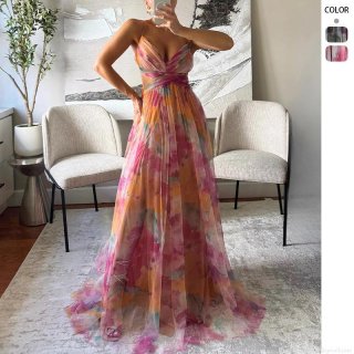 Women Mesh Abstract Floral Print Maxi Dress Sexy V-Neck Strappy Backless Lace-Up Waist Cutout Bohemian Vacation Summer Beach Long Party Dress