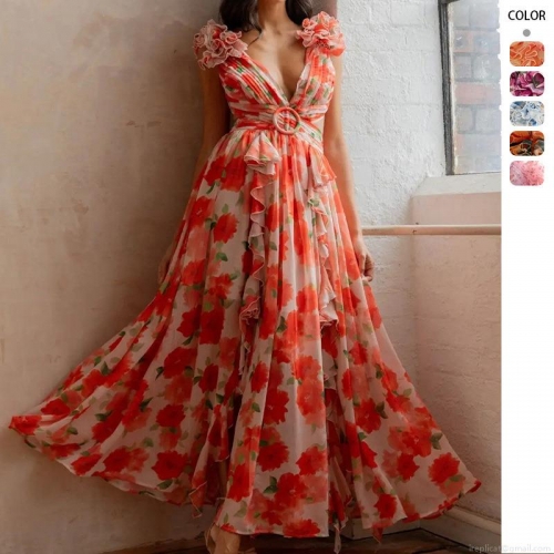 Women Sexy Deep V Neck Floral Print Maxi Dress Hollow Out Waist With Ring Ruffle Sleeve Backless Summer Beach Vacation Long Dress