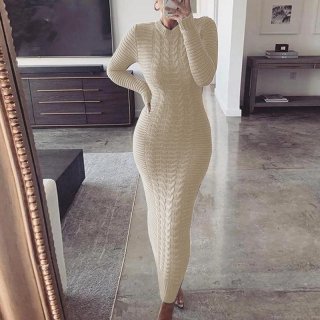 Women's Long Sleeve Cable Knit Maxi Dress Slim Fit Crew Neck Bodycon Sweater Dress For Autumn Winter Elegant Commute Knitted Fish Tail Dress