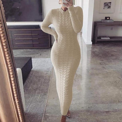 Women's Long Sleeve Cable Knit Maxi Dress Slim Fit Crew Neck Bodycon Sweater Dress For Autumn Winter Elegant Commute Knitted Fish Tail Dress