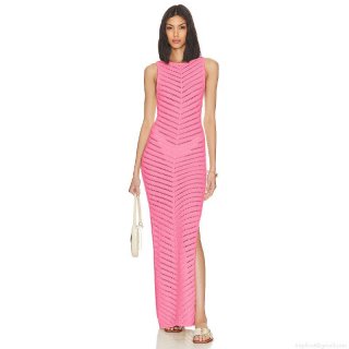Women's Sexy Sleeveless Knit Maxi Dress Elegant Side Slit High Waist Bodycon Crochet Long Dress Solid Color Summer Party Beach Dress