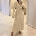 Women Knitted Maxi Dress Polyester V-Neck Round-Neck Long Flare Sleeve Ribbed Slim Fit Tied Waist Casual Elegant Winter Autumn Sweater Dress
