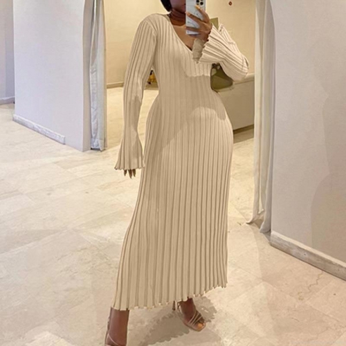 Women Knitted Maxi Dress Polyester V-Neck Round-Neck Long Flare Sleeve Ribbed Slim Fit Tied Waist Casual Elegant Winter Autumn Sweater Dress
