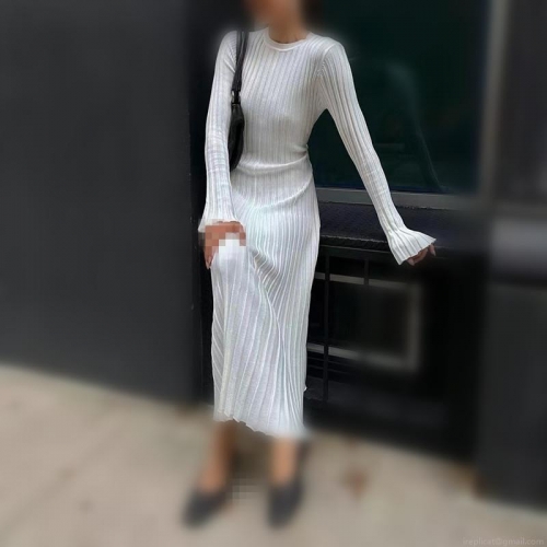 Elegant Ribbed Knit Maxi Dress Women Round Neck Long Sleeve Slim Fit Tie-Waist Autumn Winter Casual Solid Color Polyester Knitted A-Line Sweater Long Dress For Office Lady Party Gown