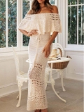 Women Bohemian Crochet Knit Maxi Dress 2 Piece Set Off-Shoulder Hollow Out Long Sleeve Shawl Dress For Vacation Beach Holiday Elegant Solid Color Party Long Skirt