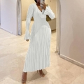 Women Elegant Ribbed Knit Maxi Dress V-neck Round Neck Long Sleeve Flared Cuff Slim Fit Waist Tie Solid Color Core-spun Yarn Long Sweater Dress for Autumn Winter