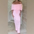 Women's Off Shoulder Crochet Maxi Dress Sexy Hollow Out Summer Beach Vacation Knitted Long Dress With Drawstring Waist Boho Style