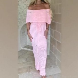 Women's Off Shoulder Crochet Maxi Dress Sexy Hollow Out Summer Beach Vacation Knitted Long Dress With Drawstring Waist Boho Style