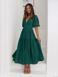 Women Elegant V Neck Puff Sleeve Maxi Dress Polyester Tiered Long Skirt High Waist Summer Vacation Solid Color A-Line Sundress
