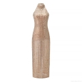 Sexy Halter Backless Mesh Rhinestone Maxi Dress Sparkling Bodycon Evening Party Long Dress For Women Banquet Night Clubwear
