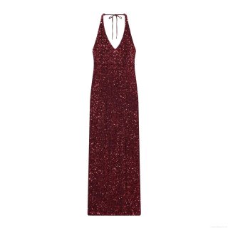 Women's Sexy Deep V-Neck Halter Backless Sequin Maxi Dress Sparkling Wine Red Slim Fit Sleeveless Evening Party Gown For Weddings Prom Gala Elegant Lady Dress
