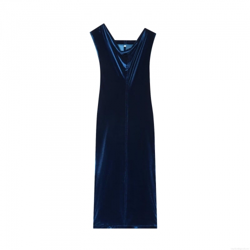 Elegant Dark Blue Velvet Maxi Dress For Women Sleeveless Cowl Neck Bodycon Slim Fit Long Dress With Slit Hem For Evening Party Daily Clubwear