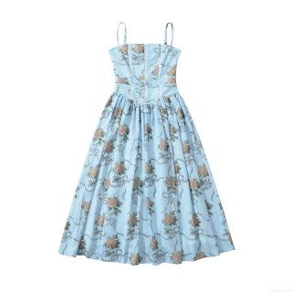 Women Sexy Backless Floral Maxi Dress With Lace Patchwork Light Blue Retro Rose Print Sleeveless Cami A-Line Long Dress For Summer Vacation Daily Wear