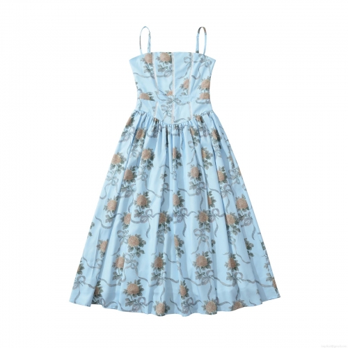 Women Sexy Backless Floral Maxi Dress With Lace Patchwork Light Blue Retro Rose Print Sleeveless Cami A-Line Long Dress For Summer Vacation Daily Wear