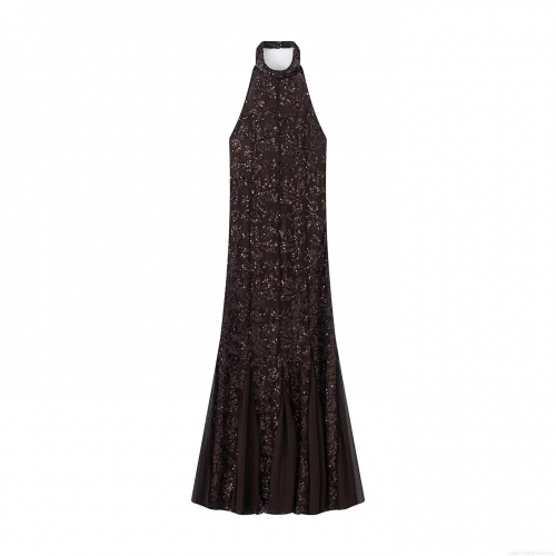 Elegant Women's Halter Neck Sequin Maxi Dress Sexy Backless Slim Fit Mermaid Evening Gown Polyester Mesh Party Banquet Wedding Dress