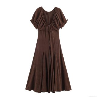 Women's Minimalist V Neck Puff Sleeve Maxi Dress Solid Coffee Brown High Waist A Line Crinkled Texture Elastic Polyester Spandex Long Dress For Summer Spring Fashion