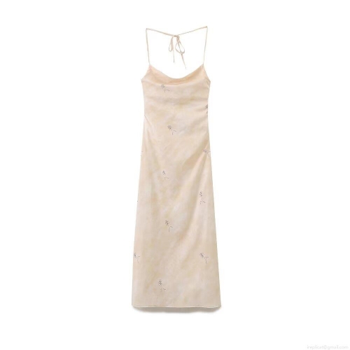 Women Sexy Backless Satin Floral Print Cami Dress Elegant Cowl Neck Waist Cut-Out Maxi Long Dresses For Party Vacation Summer Spring