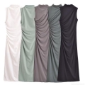 Women Sleeveless High Neck Ruched Maxi Dress Cotton Polyester Knitted Slim Fit Side Pleated Long Dress Elegant Party Casual Streetwear