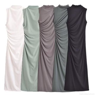 Women Sleeveless High Neck Ruched Maxi Dress Cotton Polyester Knitted Slim Fit Side Pleated Long Dress Elegant Party Casual Streetwear