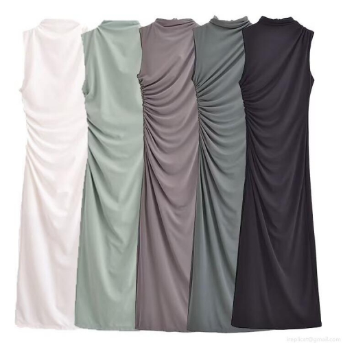 Women Sleeveless High Neck Ruched Maxi Dress Cotton Polyester Knitted Slim Fit Side Pleated Long Dress Elegant Party Casual Streetwear