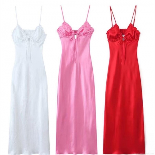 Women's Sexy Satin Backless Slip Maxi Dress Elegant V-Neck Sleeveless Ruffle Tiered Summer Party Long Dress Polyester Spandex For Women