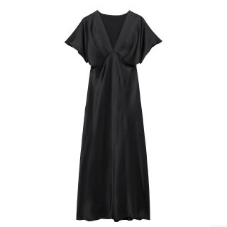 Women's Elegant Satin V-Neck Maxi Dress High Waist Short Sleeve Solid Color Silk Like Long Dress For Evening Party Commuting Sexy Elegant Pullover A-Line Dress