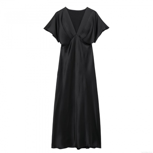 Women's Elegant Satin V-Neck Maxi Dress High Waist Short Sleeve Solid Color Silk Like Long Dress For Evening Party Commuting Sexy Elegant Pullover A-Line Dress