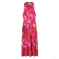 Women's Elegant Floral Print Satin Maxi Dress Sleeveless High Neck Stacked Collar A-Line Long Dress For Summer Party Date Night Lady