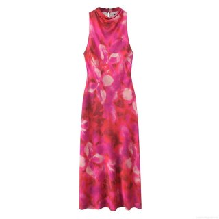 Women's Elegant Floral Print Satin Maxi Dress Sleeveless High Neck Stacked Collar A-Line Long Dress For Summer Party Date Night Lady