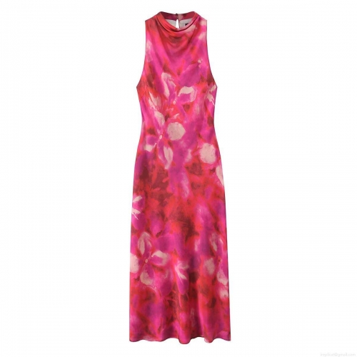 Women's Elegant Floral Print Satin Maxi Dress Sleeveless High Neck Stacked Collar A-Line Long Dress For Summer Party Date Night Lady
