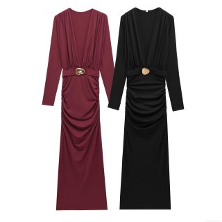 Sexy V-Neck Long Sleeve Maxi Dress With Pleated Waist Metal Buckle Elegant Solid Color Polyester Spandex Bodycon Slim Fit Gown For Women Party Evening