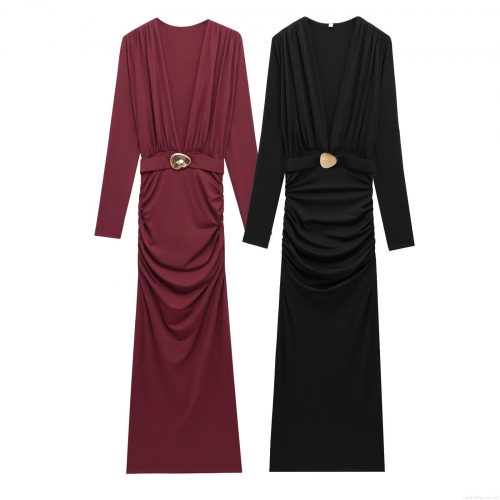 Sexy V-Neck Long Sleeve Maxi Dress With Pleated Waist Metal Buckle Elegant Solid Color Polyester Spandex Bodycon Slim Fit Gown For Women Party Evening